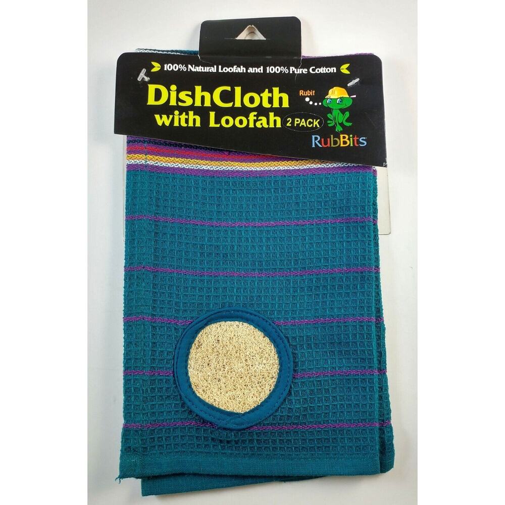 Kitchen Dishcloth Blue 100% Natural Cotton With Built In Loofah Scrubber